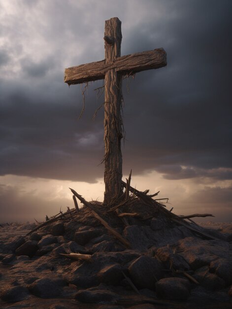 Vista de cruz religiosa 3d con paisaje apocalíptico