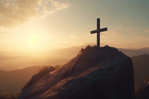 Vista de la cruz religiosa en la cima de la montaña con cielo y nubes