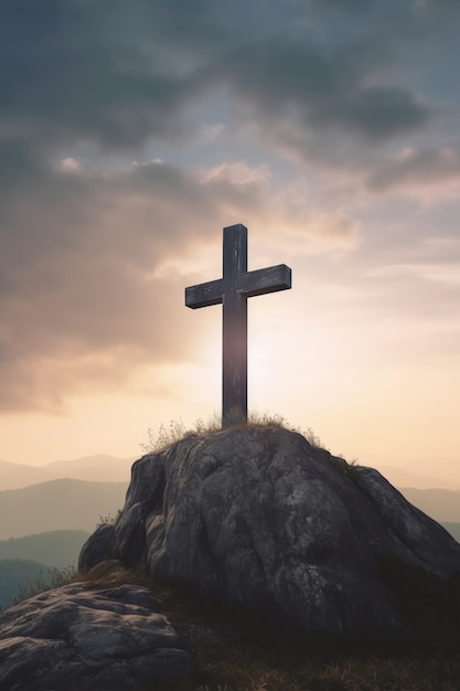 Vista de la cruz religiosa en la cima de la montaña con cielo y nubes