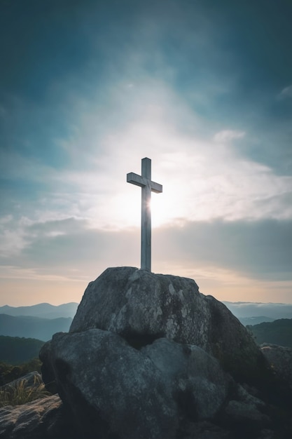 Vista de la cruz religiosa en la cima de la montaña con cielo y nubes