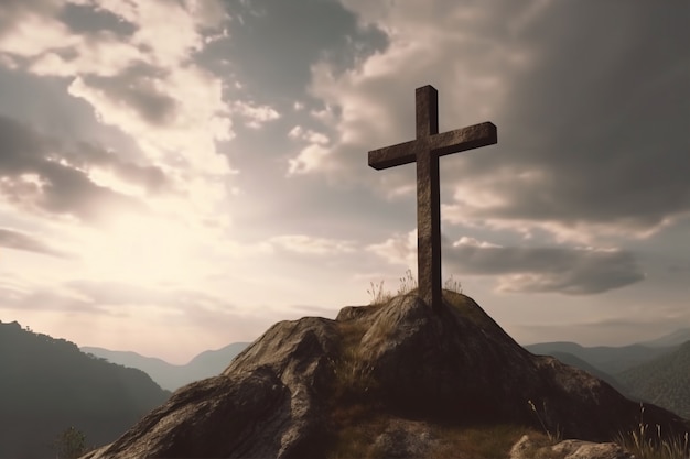 Vista de la cruz religiosa en la cima de la montaña con cielo y nubes