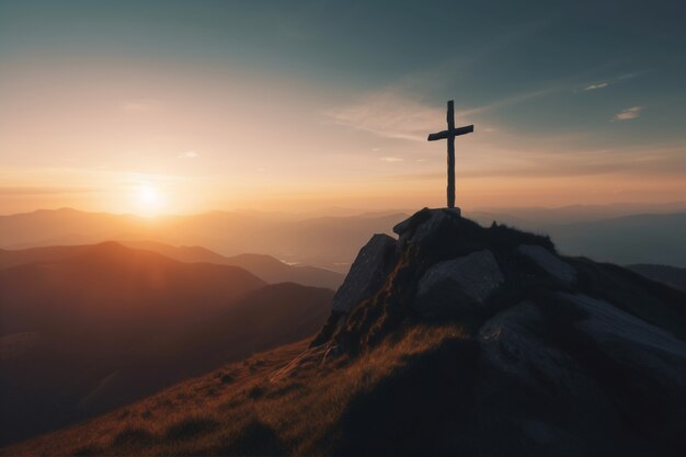 Vista de la cruz religiosa en la cima de la montaña con cielo y nubes