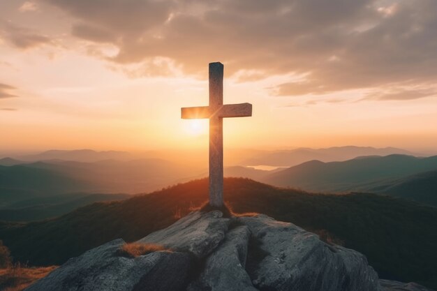 Vista de la cruz religiosa en la cima de la montaña con cielo y nubes