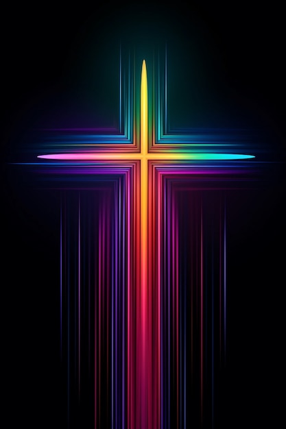 Vista de la cruz religiosa de neón brillante 3d
