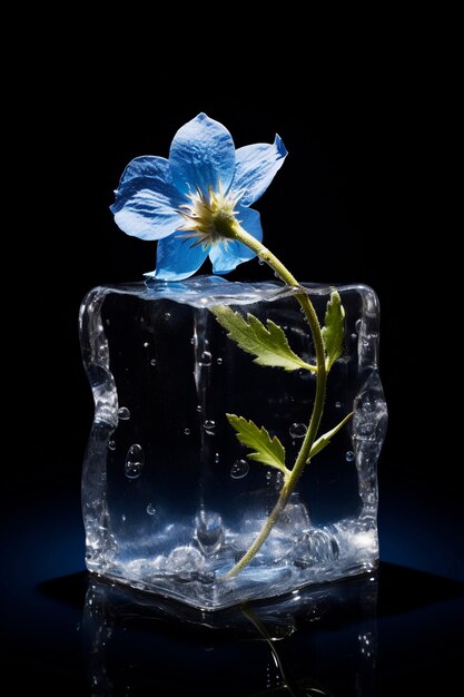 Vista del cubo de hielo con flor