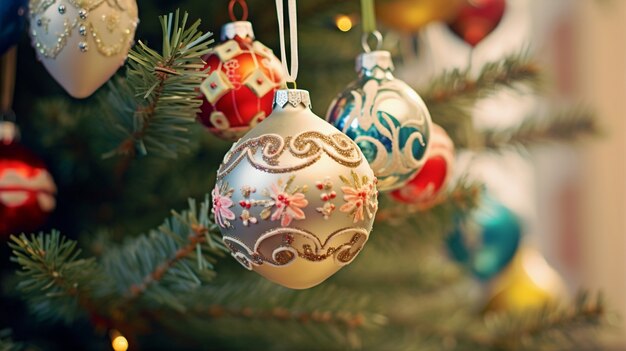 Vista de las decoraciones del árbol de navidad