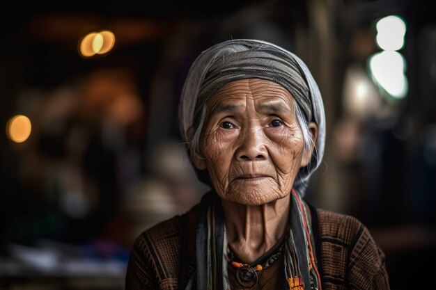 Vista delantera de una anciana con fuertes rasgos étnicos
