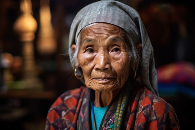 Vista delantera de una anciana con fuertes rasgos étnicos