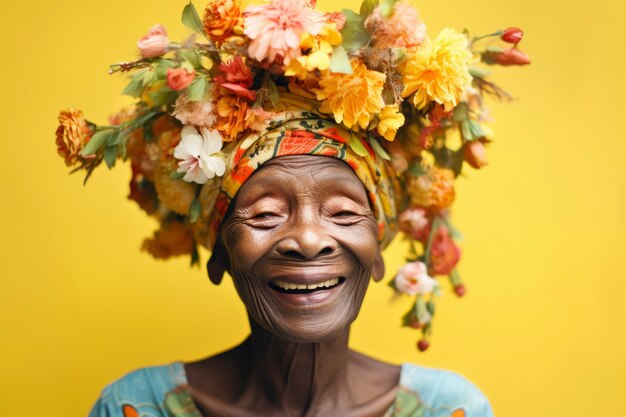 Vista delantera de una anciana posando con hermosas flores