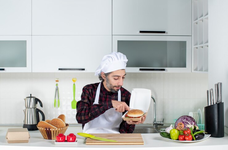 Foto gratuito vista delantera chef masculino sosteniendo una hamburguesa en la cocina