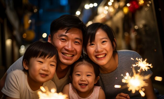 Vista delantera de la familia celebrando el año nuevo