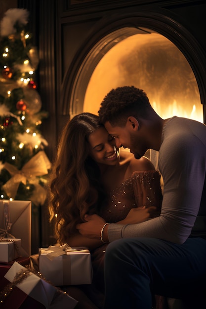 Foto gratuita vista delantera de una familia celebrando la navidad en casa