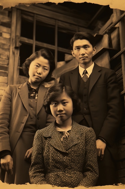 Foto gratuita vista delantera de una familia posando en un retrato vintage