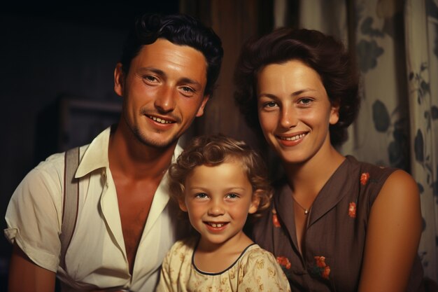 Vista delantera de una hermosa familia posando en un retrato vintage