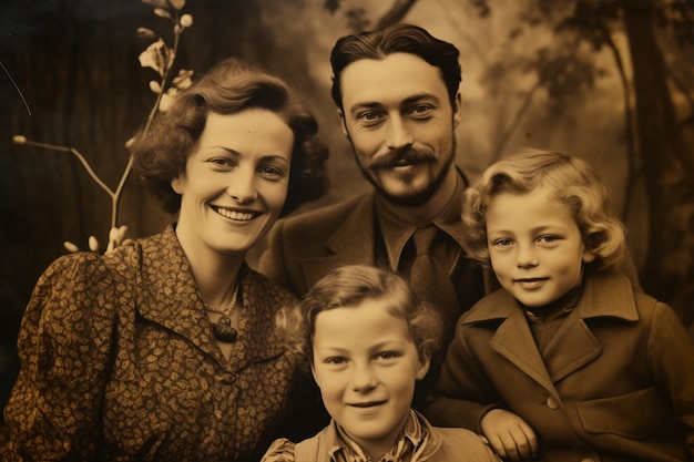 Vista delantera de una hermosa familia posando en un retrato vintage
