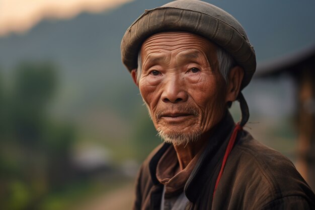 Vista delantera hombre de edad avanzada con fuertes rasgos étnicos