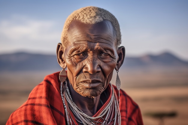 Vista delantera hombre de edad avanzada con fuertes rasgos étnicos