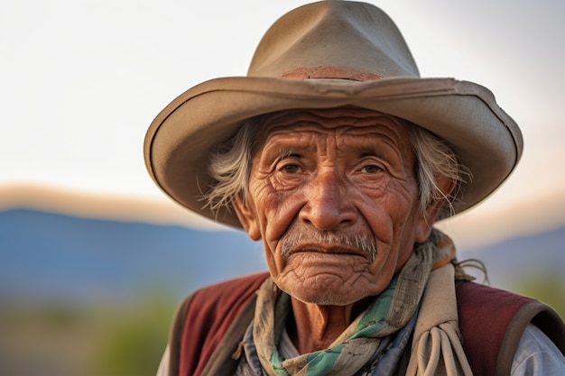 Vista delantera hombre de edad avanzada con fuertes rasgos étnicos