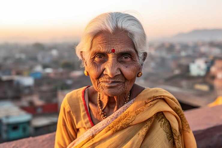 Foto gratuito vista delantera mujer anciana con fuertes rasgos étnicos
