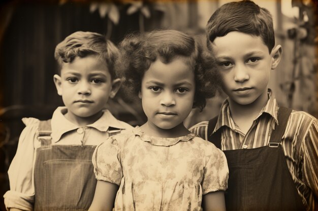 Vista delantera de niños hermosos posando retrato vintage