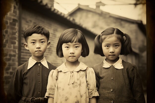 Vista delantera de niños posando en un retrato vintage