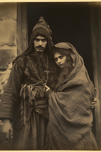 Foto gratuita vista delantera de una pareja joven posando en un retrato vintage