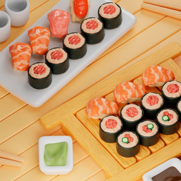 Vista de la deliciosa comida asiática con efecto 3D