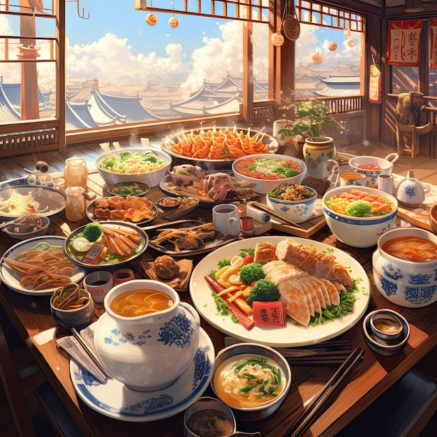 Foto gratuita vista de la deliciosa comida para la cena de reunión al estilo anime