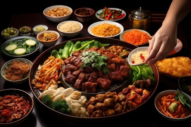 Vista de la deliciosa comida para la cena de reunión de Año Nuevo chino