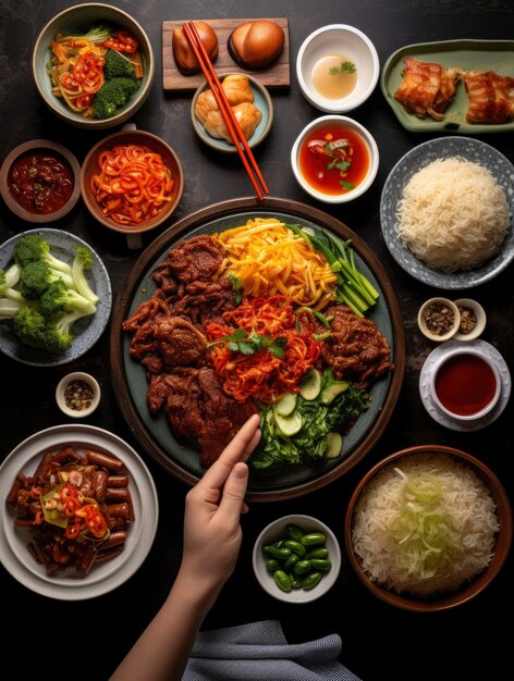 Vista de la deliciosa comida para la cena de reunión de Año Nuevo chino