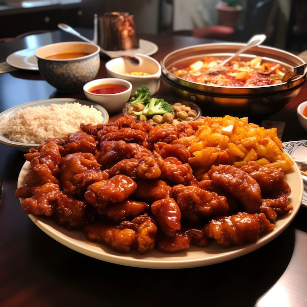 Vista de la deliciosa comida para la cena de reunión de Año Nuevo chino