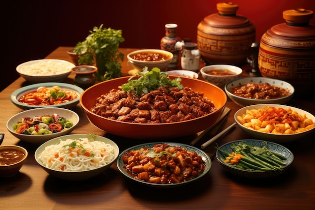 Vista de la deliciosa comida para la cena de reunión de Año Nuevo chino