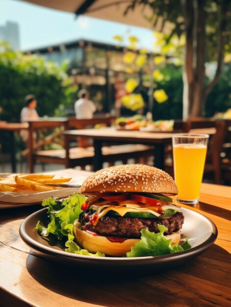 Vista de una deliciosa hamburguesa con panes y queso