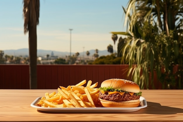 Foto gratuita vista de una deliciosa hamburguesa con papas fritas
