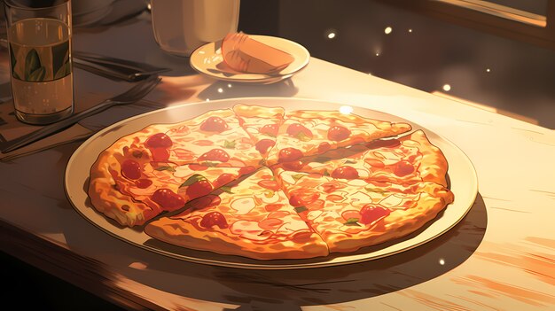 Vista de una deliciosa pizza al estilo de anime