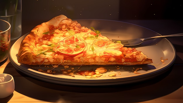 Vista de una deliciosa pizza al estilo de anime