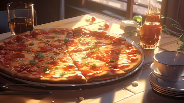 Vista de una deliciosa pizza al estilo de anime