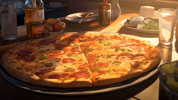 Vista de una deliciosa pizza al estilo de anime