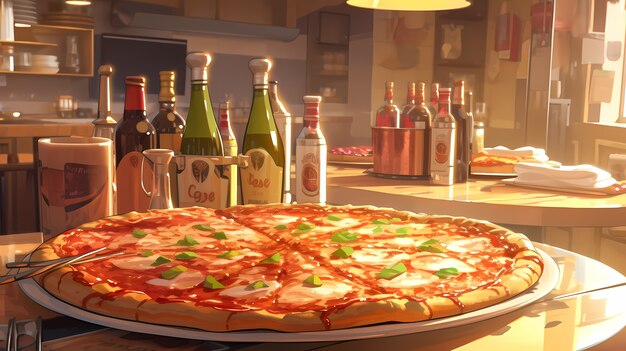 Vista de una deliciosa pizza al estilo de anime