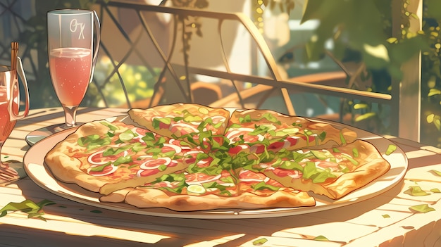 Vista de una deliciosa pizza al estilo de anime