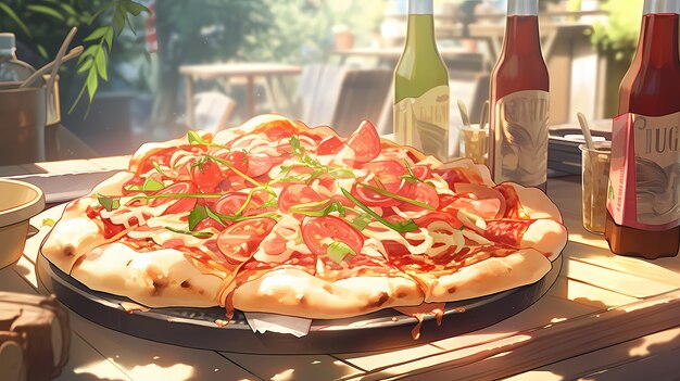 Vista de una deliciosa pizza al estilo de anime