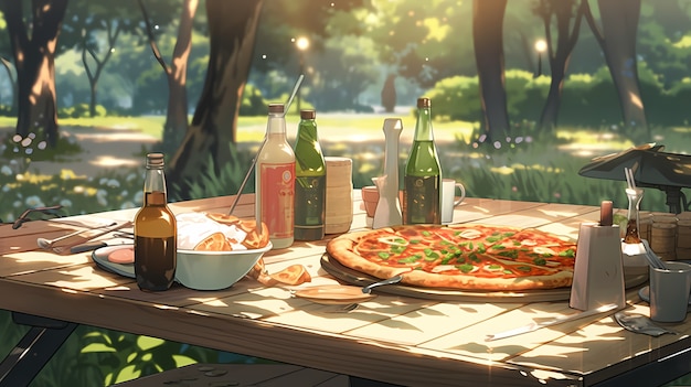 Vista de una deliciosa pizza al estilo de anime