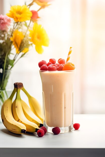 Vista del delicioso batido de plátano con frutas