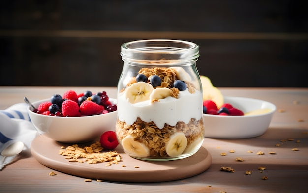 Vista del delicioso desayuno con plátano y surtido de frutas.