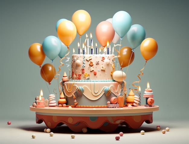 Vista de un delicioso pastel en 3D con velas y globos