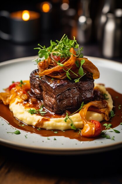 Vista de un delicioso plato de bistec