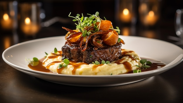 Vista de un delicioso plato de bistec