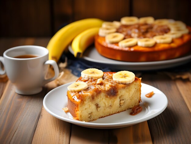 Vista del delicioso postre de pastel con plátanos