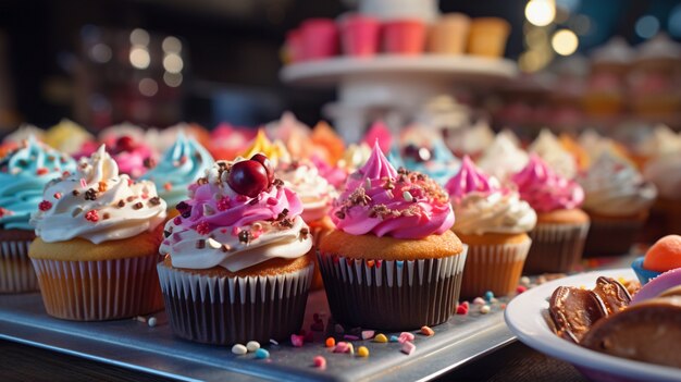 Vista de deliciosos y dulces postres de magdalenas con glaseado