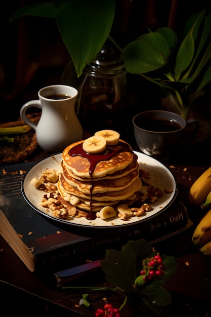 Foto gratuita vista de deliciosos panqueques con plátanos